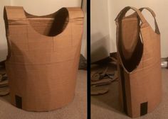 there is a bag made out of cardboard on the floor and in front of it