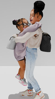 an animated image of two women hugging each other and one is holding a handbag