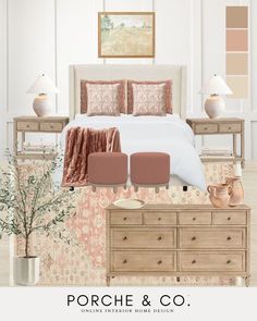 a bedroom is shown with pink and gold accents on the bed, dressers, lamps, and rugs