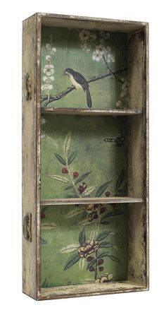 an old wooden box with birds painted on the side and bottom shelf is shown in measurements