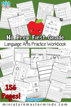 no prep first grade language arts practice workbook with an apple on top and the words,