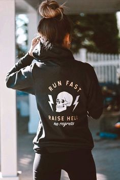 Run Fast Raise Hell Hoodie Easy 30 day return policy Run Fast, Painted Denim, Cooler Look, How To Run Faster, Up Girl, Outfits Casuales, Look Fashion, Workout Clothes, Unisex Hoodies