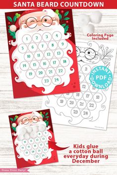 santa's beard is on the front and back of this printable christmas calendar