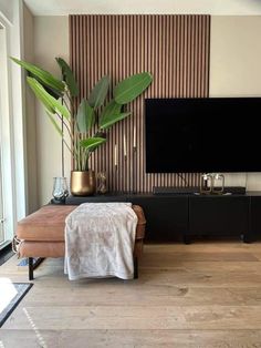 a large flat screen tv mounted to the side of a wall next to a plant