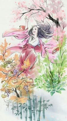 a drawing of a woman flying through the air with her arms outstretched in front of trees