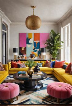 a living room filled with lots of colorful furniture