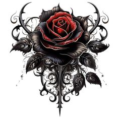 a rose tattoo design with black and red flowers on it's side, in front of a white background