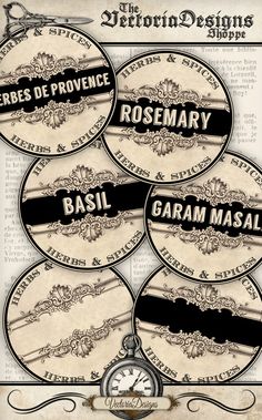 four round labels with the words rosemary, rosemary and rosemary basil on them in black ink