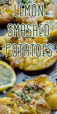 lemon smashed potatoes on a baking sheet with text overlay that reads, lemon smashed potatoes