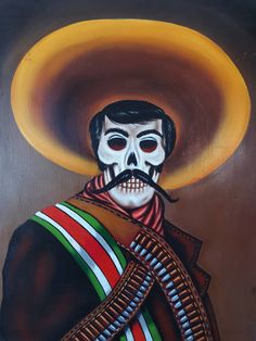 a painting of a skeleton wearing a sombrero and holding a pipe in his mouth