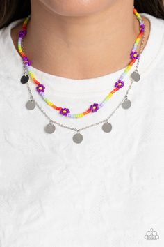 Multicolored seed beads are threaded along a wire, falling along the collar in a capricious pattern. Creating additional charm to the design, purple seed bead flowers bloom amongst the bright pops of color. A delicate silver chain, infused with twinkling silver discs, layers with the colorful beads for a sassy, yet sweet, combo. Features an adjustable clasp closure.

 Sold as one individual necklace. Includes one pair of matching earrings. Join Paparazzi, Vintage Paparazzi, Bead Flowers, Seed Bead Flowers, Purple Necklace, Vip Group, Flowers Bloom, Independent Consultant, Paparazzi Accessories