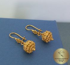 "★ Traditional Croatian filigree ball earrings, handcrafted in solid 14 k gold. Replicas of 19th century Ethnic, Heritage jewelry from Dubrovnik - Dalmatia region. Simple in style, versatile to wear with any outfit, and perfect for any occasion. Earrings end with decorative & secure - latching type of ear-wires. ★ *These earrings are handmade on order in 7-10 business days* Due to the handmade creation, every pair is unique, so there can be tiny variations in dimensions of the finished earri Traditional 14k Gold Round Earrings, Yellow Gold Filigree Earrings For Festivals, Formal Pierced Earrings For Festivals, Byzantine Filigree Earrings For Gift, Byzantine Filigree Earrings As Gift, 14k Gold Filigree Earrings For Wedding, Wedding Earrings With French Hook In Round Shape, Wedding Earrings With French Hook, French Hook Wedding Earrings