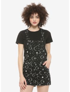 Hot Topic HT HT Denim Moon & Star Print Shortalls Black Witchcore Whimsigoth Witchy Outfits, Printed Bell Bottoms, Suspenders Skirt, Denim Shortalls, Moons And Stars, Red Plaid Skirt, Black Suspenders, Panel Leggings, Oh Yes