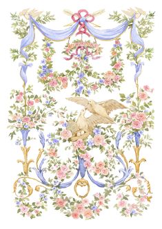 a painting of flowers and birds on a white background with blue ribbon around the border