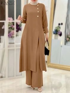 ZANZEA Muslim Abaya Suit Elegant Women Matching Sets Fashion Long Shirt Tops & Wide Leg Pants Ramadan Outfits Urban Tracksuits Iran Clothing, Long Blouse Outfit, Ramadan Outfits, Long Shirt Tops, Split Blouse, Outfits Muslim, Simple Dress Casual, Split Top