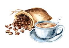 coffee cup and beans on saucer with bag watercolor drawing royalty illustration - image