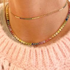 Jewelry should bring you joy. This colorful rainbow choker is designed to do just that. A beautiful way to add a pop of color to otherwise monochromatic outfits or accessories. 14k gold plated sterling silver Rainbow crystal pavé 13-15" Adjustable in length Rainbow Choker, Thick Chain Necklace, Rainbow Necklace, Rainbow Crystal, Tennis Necklace, Colorful Rainbow, Pave Setting, Gold Plated Sterling Silver, Heart Charm