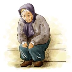 an old woman sitting on the ground with her hands in her pockets and looking down