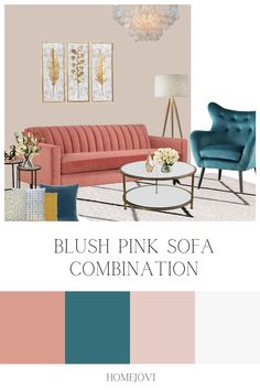 a living room with pink sofa, blue chair and coffee table in the middle of it