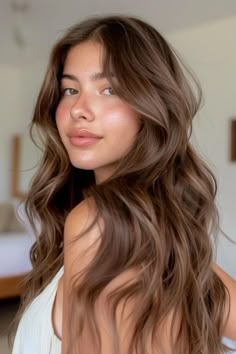 Woman with wavy, chestnut brown hair, wearing a white top, gazing at the camera in a softly lit room. Chocolate Cherry Brown Hair, Cherry Brown Hair, Chocolate Brown Hair Color Ideas, Caramel Brown Hair, Warm Brown Hair, Golden Brown Hair, Chestnut Hair