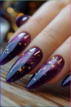 Dark Purple Nails, Witchy Nails, Velvet Nails, Purple Nail Designs, Galaxy Nails, Smink Inspiration, Gold Nail, Fancy Nails