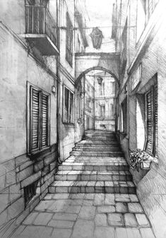 a pencil drawing of an alleyway with windows and shutters on either side,