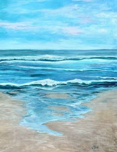 an oil painting of the ocean with waves coming in from the shore and blue sky