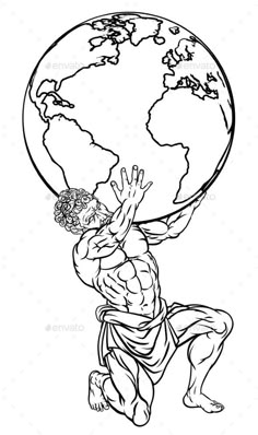 a man carrying the world on his shoulders - people characters illustrations, black and white