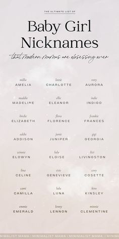 the baby girl names are shown in black and white on a beige background with clouds