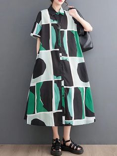 Loose Oversize Color-Block Printed Lapel Midi Dresses Shirt Dress Style Oversize, Confident Style, Green Midi Dress, Midi Shirt Dress, Dress Midi, Versatile Dresses, Fashion Seasons, Midi Dresses, Flared Sleeves