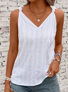 Product Title :Casual Geometric Spaghetti Solid Knot Shoulder Tank Top Product Measurements cm Size US Waist Bust Hip S 6-8 70-74 88-92 96-100 M 10 75-78 93-96 101-104 L 12 79-84 97-102 105-110 XL 14 85-90 103-108 111-116 XXL 16 91-96 109-114 117-122 Product Details Clothes Length:Regular Sleeve Length:Sleeveless Edition type:Loose Elasticity:No Elasticity Silhouette:H-Line Thickness:Regular Size Type:Regular Size Material:Jacquard Neckline:Spaghetti Activity:Daily Pattern:Geome... Over 60 Fashion, Linen Fashion, 60 Fashion, Fashion Catalogue, Casual Tops For Women, Plus Size Womens Clothing, Casual Tank Tops, Boho Casual, Winter Outfits Women