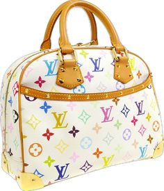 a white louis vuitton handbag with multicolored monograms on it