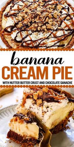 banana cream pie with nutter butter crust and chocolate caramel toppings on top