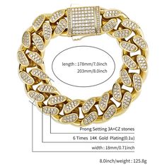 Put some Cuban flavor into your style with this 18mm Cuban link bracelet. It's crafted with high quality gold plating and adorned with cubic zirconia stones for a touch of luxury. The Cuban link design is classic and stylish, and it's sure to make a statement whether you're dressing up or dressing down.This bracelet is the perfect way to add a little bit of edge to your outfit. Whether you're going for a night out on the town or just hanging out with friends, this bracelet will help you make a s Gold Iced Out Round Tennis Bracelet, Gold Cuban Link Bracelet With Cubic Zirconia, Gold Crystal Chain Bracelet With Bling, Gold Cuban Link Tennis Bracelet With Diamond Accents, Gold Tennis Bracelet With Diamond Accents And Cuban Link, Gold Cuban Link Chain Bracelet With Cubic Zirconia, Luxury Gold Cuban Link Bracelet With Cubic Zirconia, Iced Out Gold Chain Link Bracelet, Gold Chain Link Bracelet With Diamond Accents