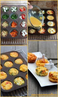 four pictures showing different types of food in muffin tins and on the grill