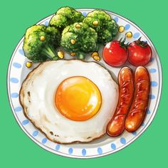 an egg, sausage, broccoli and tomatoes on a white and blue plate