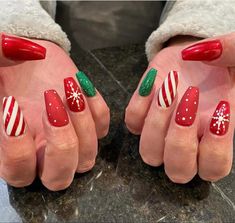 Red Green And White Christmas Nails, Red Green Christmas Nails, Red And Green Nails Christmas, Holiday Nails Green And Red, Christmas Nail Green And Red, Christmas Nails Green And Red, Christmas Nails Red Green White, Red And Green Christmas Nail Designs, Christmas Nails Red And Green Glitter