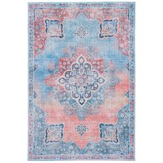 a blue, pink and red rug with an ornate design on the bottom half of it