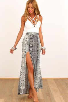 Tribal print maxi dress.Strappy bodice feature.Lined.Side slits.Back hidden zip.Cotton/polyester.Print may vary. Open Dress, Perfect Closet, Coachella Outfit, Pregnancy Outfits, Hot Dress, Printed Maxi, Buy Dress, Printed Maxi Dress, Dresses Xs