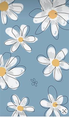 a blue background with white flowers on it