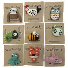 there are six different animal brooches on the card each one has an owl, bird, fish, and dog