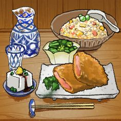 a painting of food on a table with chopsticks and water glass next to it