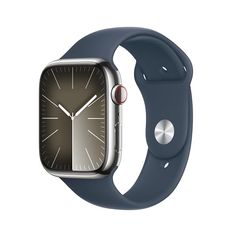 an apple watch with a blue band and silver clock on the front, side view