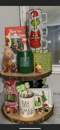 two tiered shelves with christmas items on them