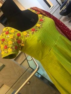 Hand Embroidery Work, Parrot Green, Salwar Designs