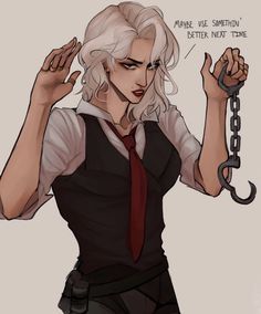 a drawing of a woman with white hair holding a chain and wearing a red tie