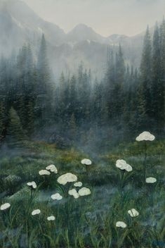 a painting of white flowers in the middle of a field with mountains in the background