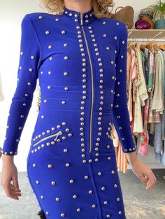 Vintage Tadashi Royal Blue Mini Dress with Silver Studs. Super fun and sexy body-con style dress in a bright blue with silver studs and zippered details throughout the front, back and sleeves. Has small shoulder pads to bring further drama to the silhouette. Zipper up the front adds to the smoking hot vibe of this head-turner. Zippered slits on each hip too. In excellent vintage condition. Marked size XS, but fits through a S/M due to stretch. Poly-lycra blend. Approx. Measurements Length: 35" S Royal Blue Mini Dress, Blue Mini Dress, Style Dress, Silver Studs, Bright Blue, Shoulder Pads, Royal Blue, Fashion Dresses, Drama