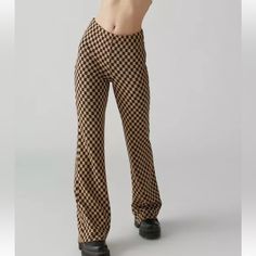 Nwot Urban Outfitters Checkered Brown Flare Pants Size Small Super Comfy And Flattering Soft Urban Outfitters High Waist Bottoms For Fall, Casual Fitted Brown Bottoms, Urban Outfitters Brown Cotton Bottoms, Casual Brown Pants From Urban Outfitters, Urban Outfitters Casual Brown Pants, Casual Brown Pants By Urban Outfitters, Casual Fall Bottoms By Urban Outfitters, Casual Urban Outfitters Bottoms For Fall, Casual Brown Bottoms From Urban Outfitters