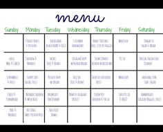 a printable meal planner with the words menu written in green and blue on it